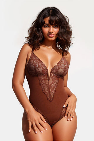 Plunging Thong Shapewear Bodysuit, Lace Trim Tummy Control Bodysuit