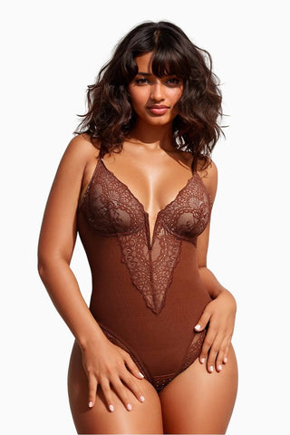Plunging Thong Shapewear Bodysuit, Lace Trim Tummy Control Bodysuit