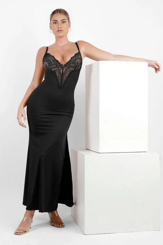 Plunging Built-In Shapewear Dress, Lace Trim Bodycon Maxi