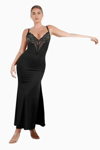 Plunging Built-In Shapewear Dress, Lace Trim Bodycon Maxi