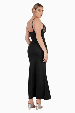 Plunging Built-In Shapewear Dress, Lace Trim Bodycon Maxi