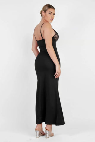 Plunging Built-In Shapewear Dress, Lace Trim Bodycon Maxi
