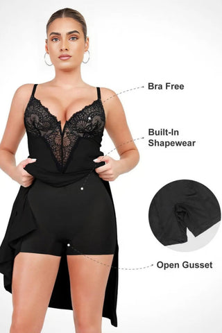 Plunging Built-In Shapewear Dress, Lace Trim Bodycon Maxi