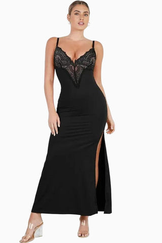 Plunging Built-In Shapewear Dress, Lace Trim Bodycon Maxi