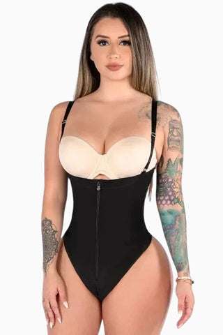 Underbust Bodysuit Shaperwear, Tummy Control Zip Up Thong Shaper
