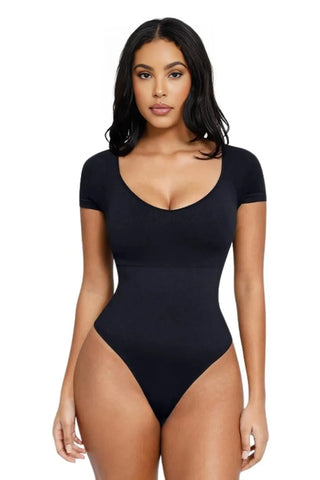 Short Sleeve Shapewear Thong Bodysuit, Scoop Neck Tummy Control Top