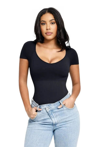 Short Sleeve Shapewear Thong Bodysuit, Scoop Neck Tummy Control Top