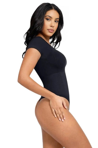 Short Sleeve Shapewear Thong Bodysuit, Scoop Neck Tummy Control Top